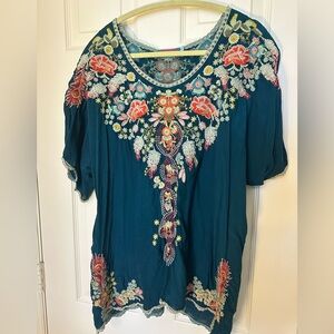 Johnny Was Embroidered Teal Floral Women's Top xl